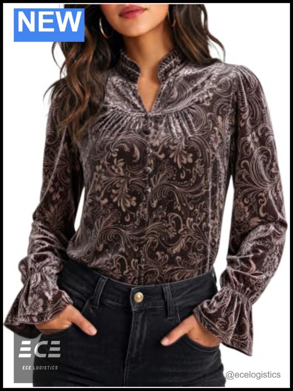 Velvet Ruffle V Neck Long Sleeve Blouse Holiday Party Shirt